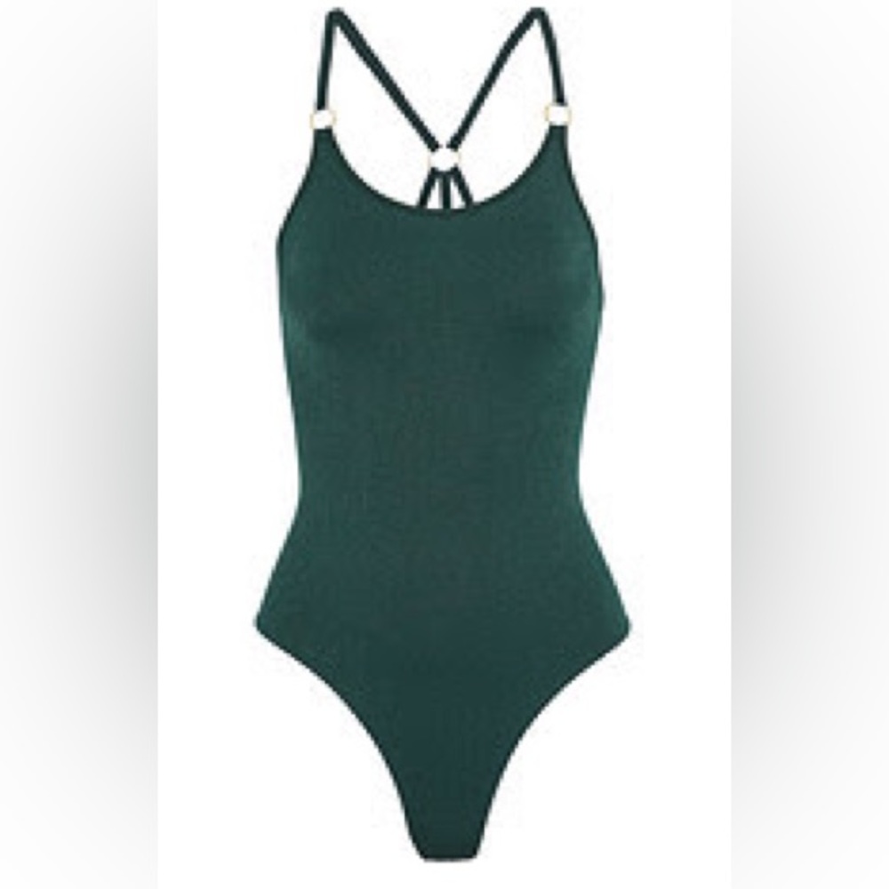 PEPPER & MAYNE stretch jersey ring-embellished bodysuit deep aqua blue XS
